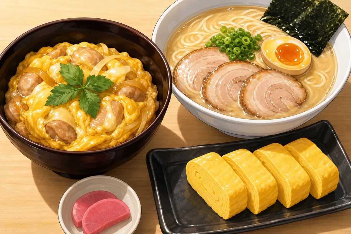 Oyakodon, ramen and tamagoyaki on a wooden table