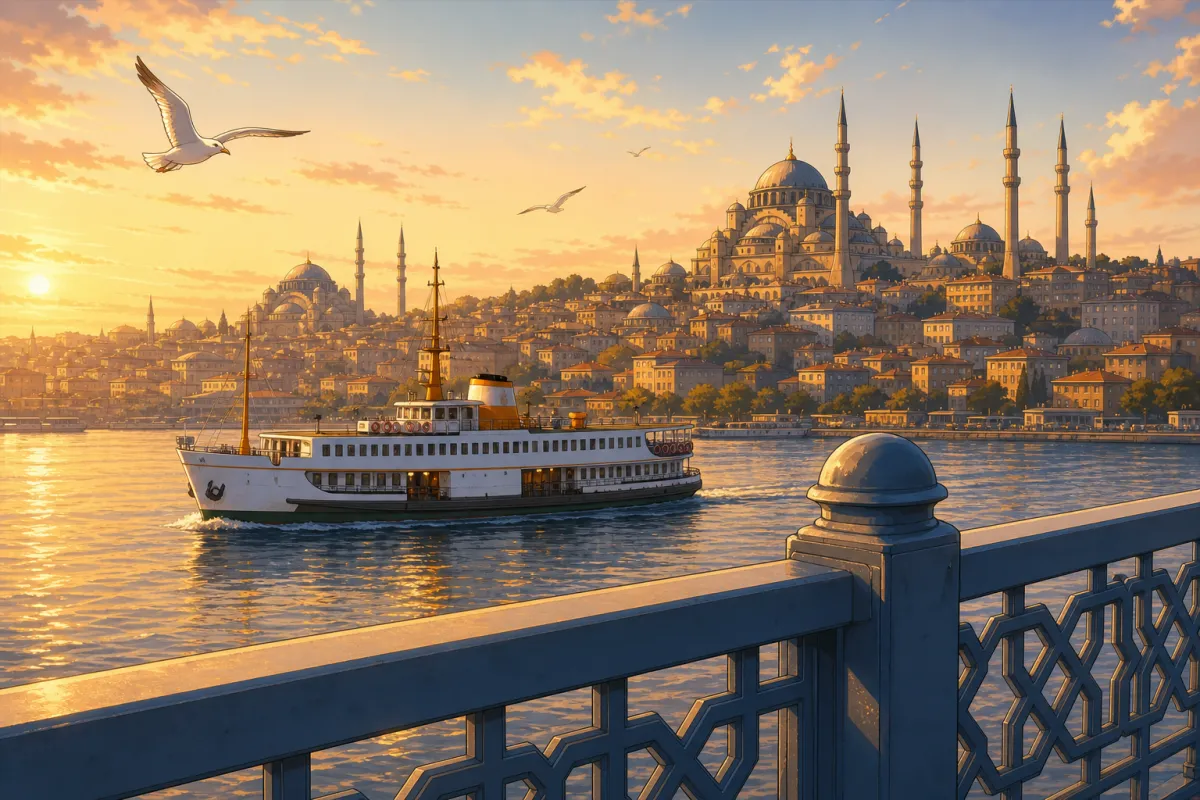 Istanbul old city and a ferry at sunset from the Galata Bridge
