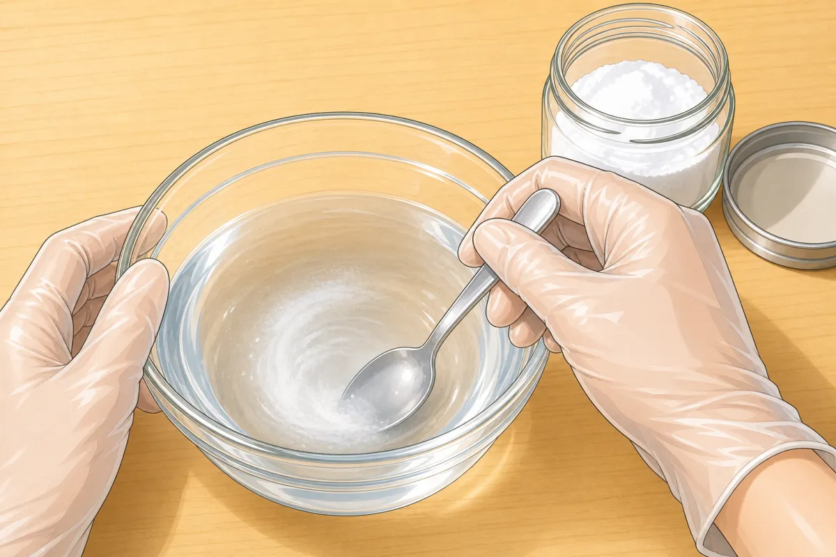 Gloves on: stir the baked soda into the warm water until it fully dissolves.