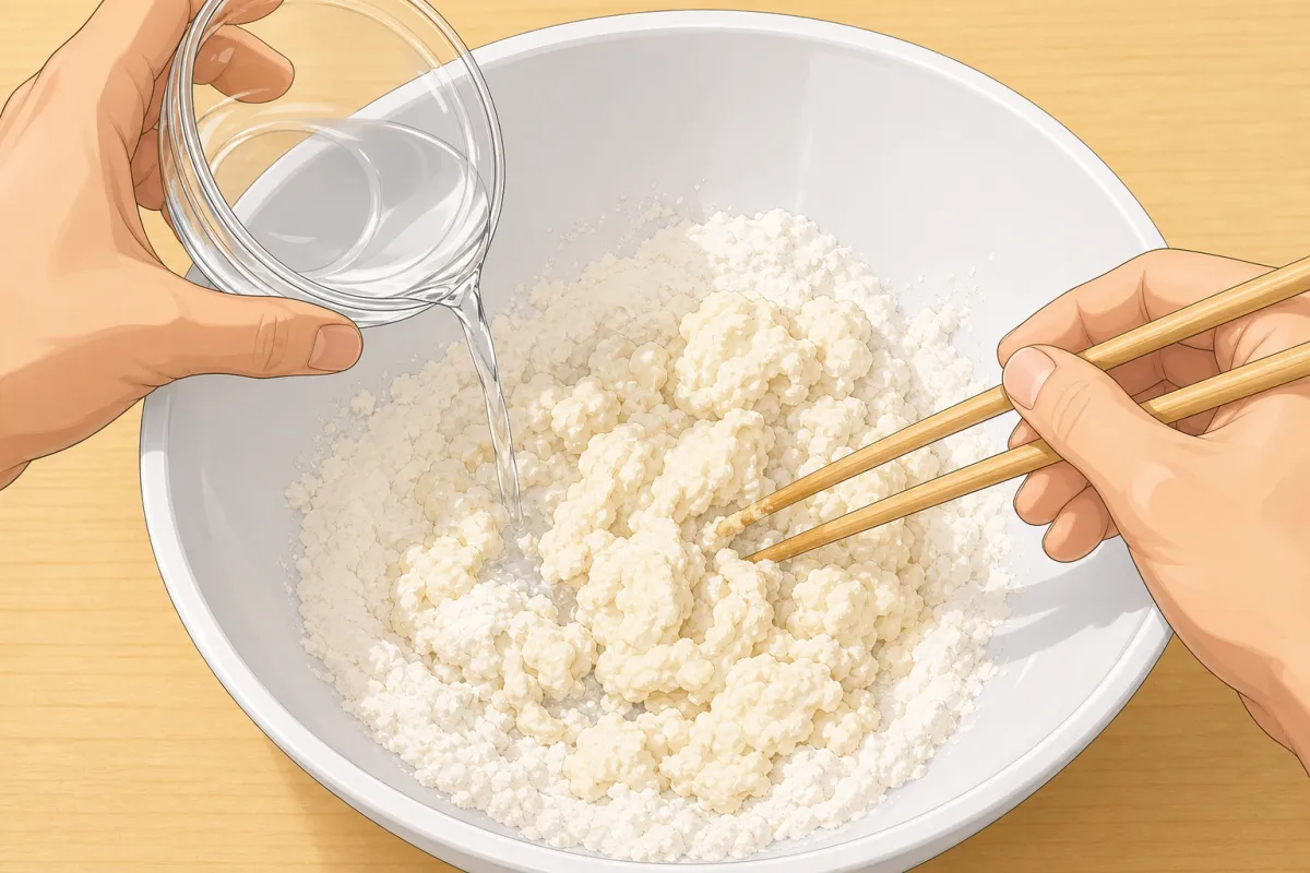 Pour in the alkaline water while stirring with chopsticks, then work it with your hands.