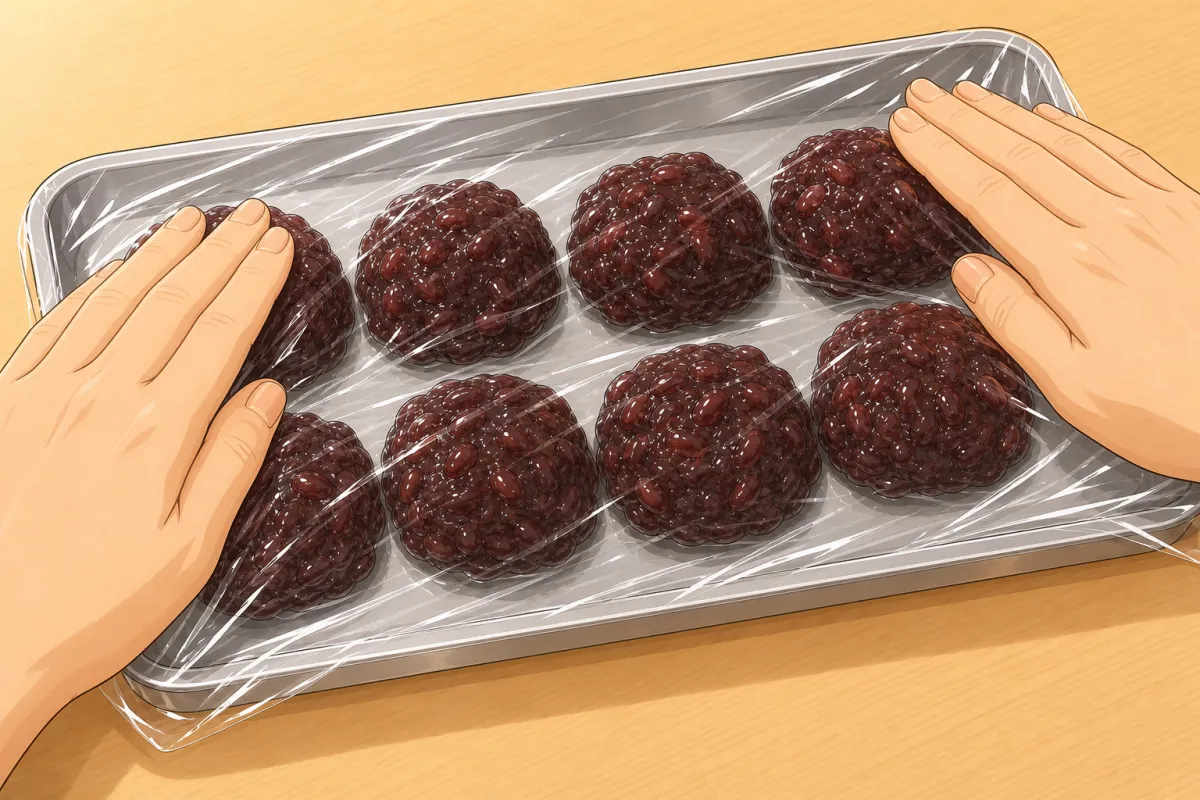 Small mounds on a tray, cling film pressed onto the surface.