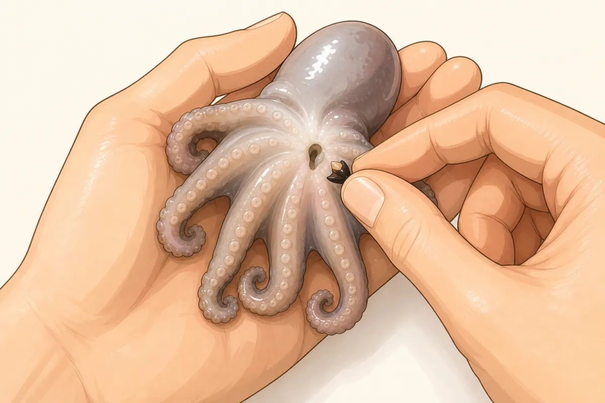 Squeeze the hard beak out from the centre of the tentacles.