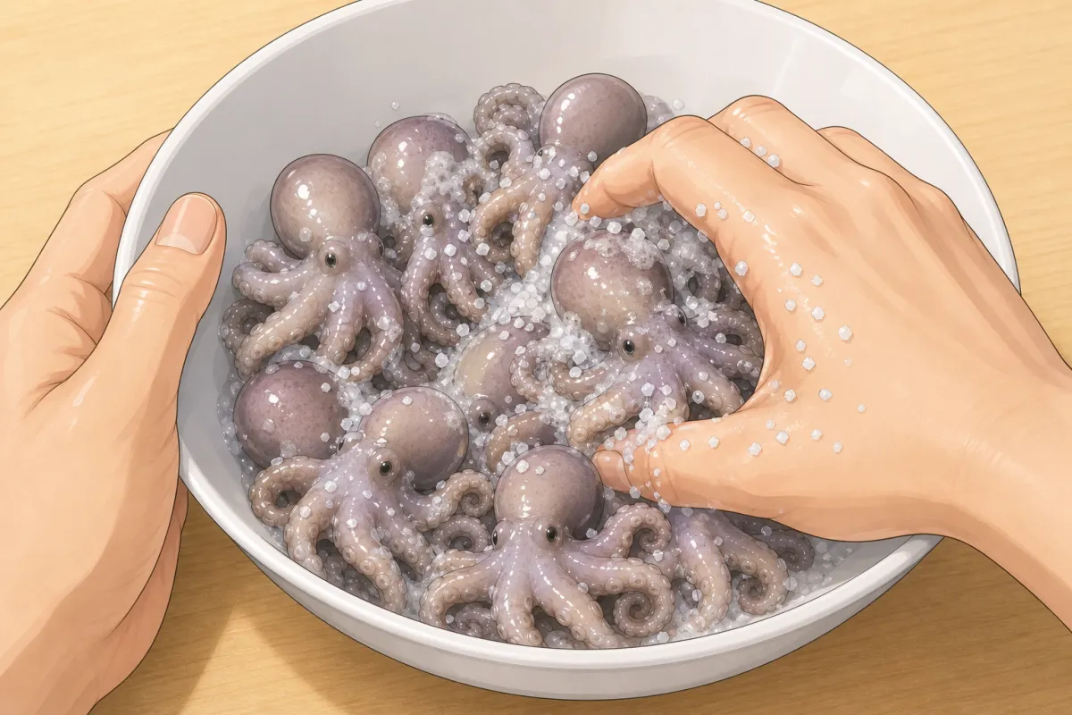 Rub hard with coarse salt for 1–2 minutes, until a grey foam comes up.