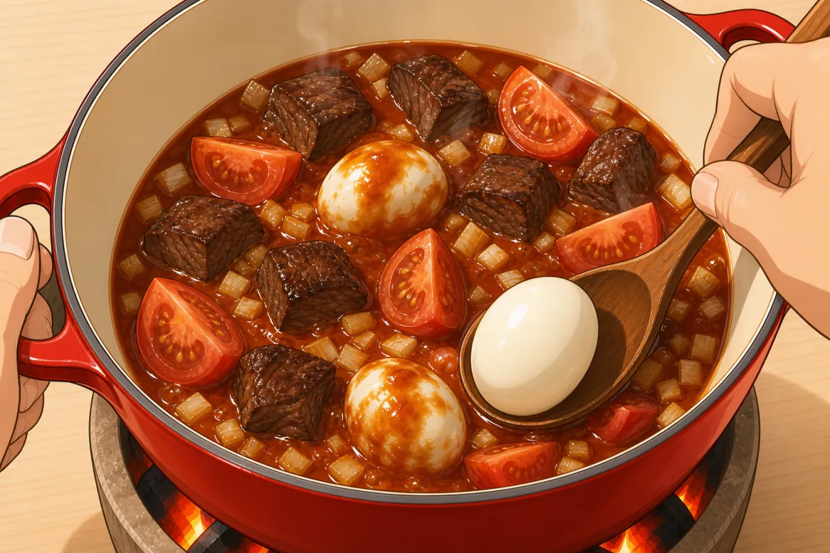 Add the peeled boiled eggs and turn them in the sauce.