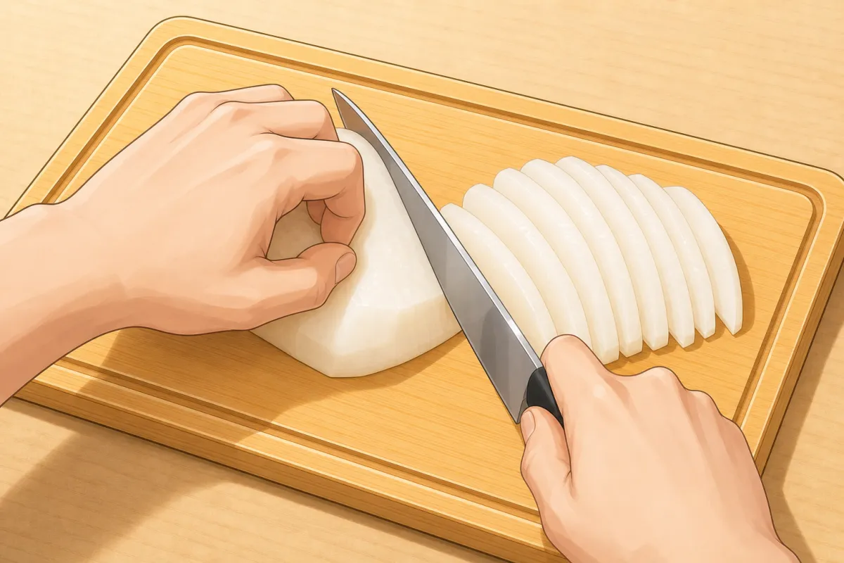 Peel, halve and core the pear; half for the sauce, half cut into matchsticks.