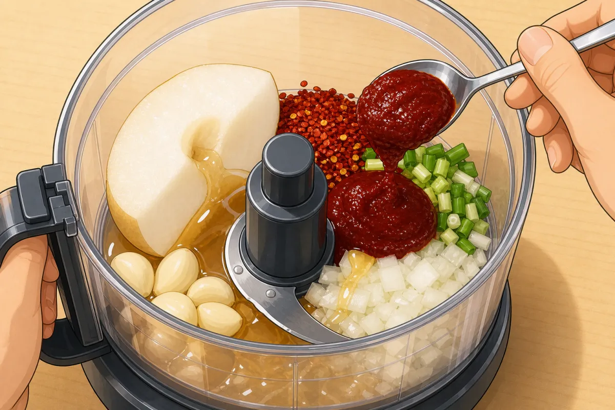 Everything into the processor with the half pear; grind until creamy.