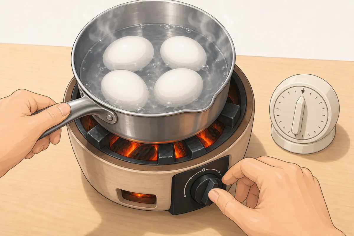 As soon as it boils: heat off, timer on.