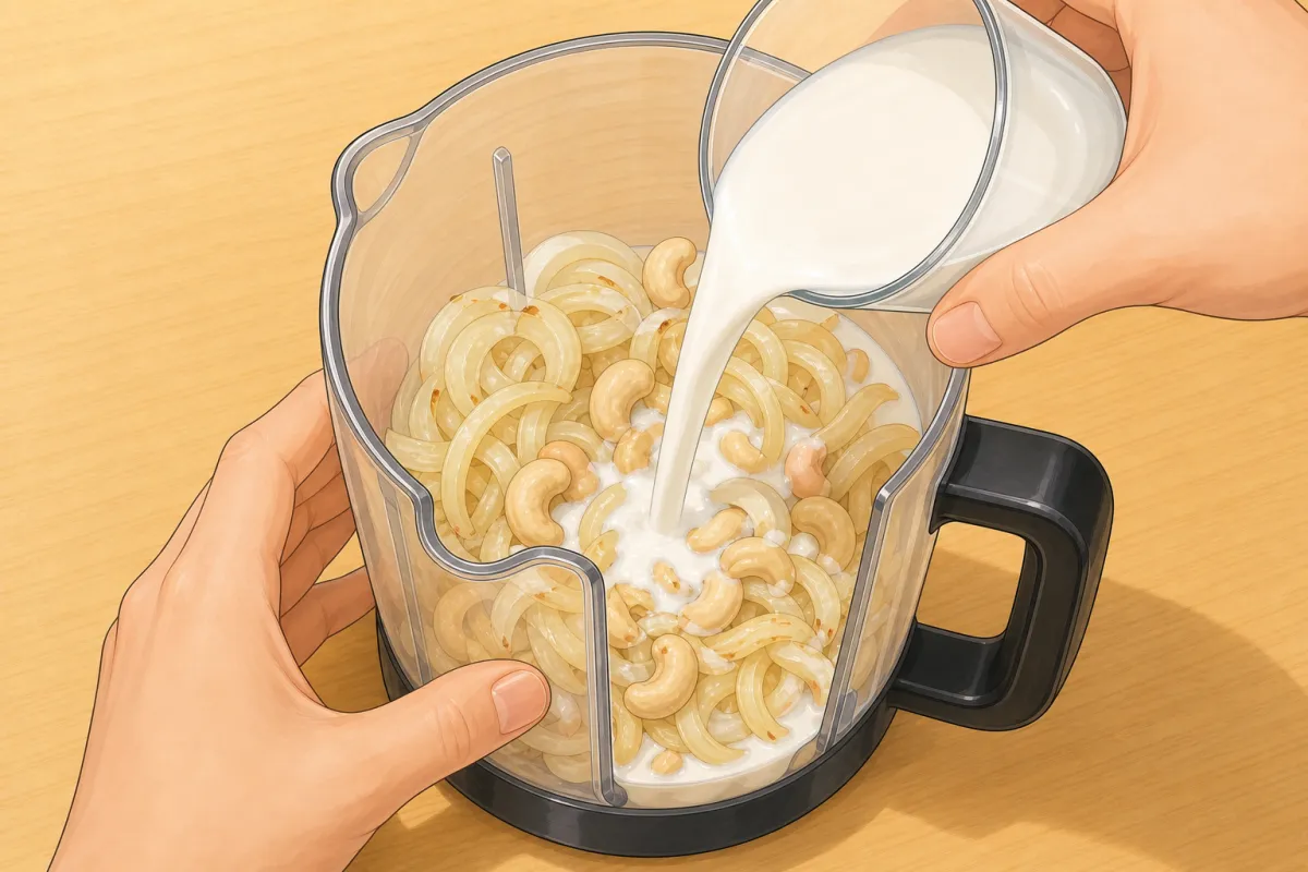 Cool, then grind with the soaked cashews and the milk to a smooth purée.