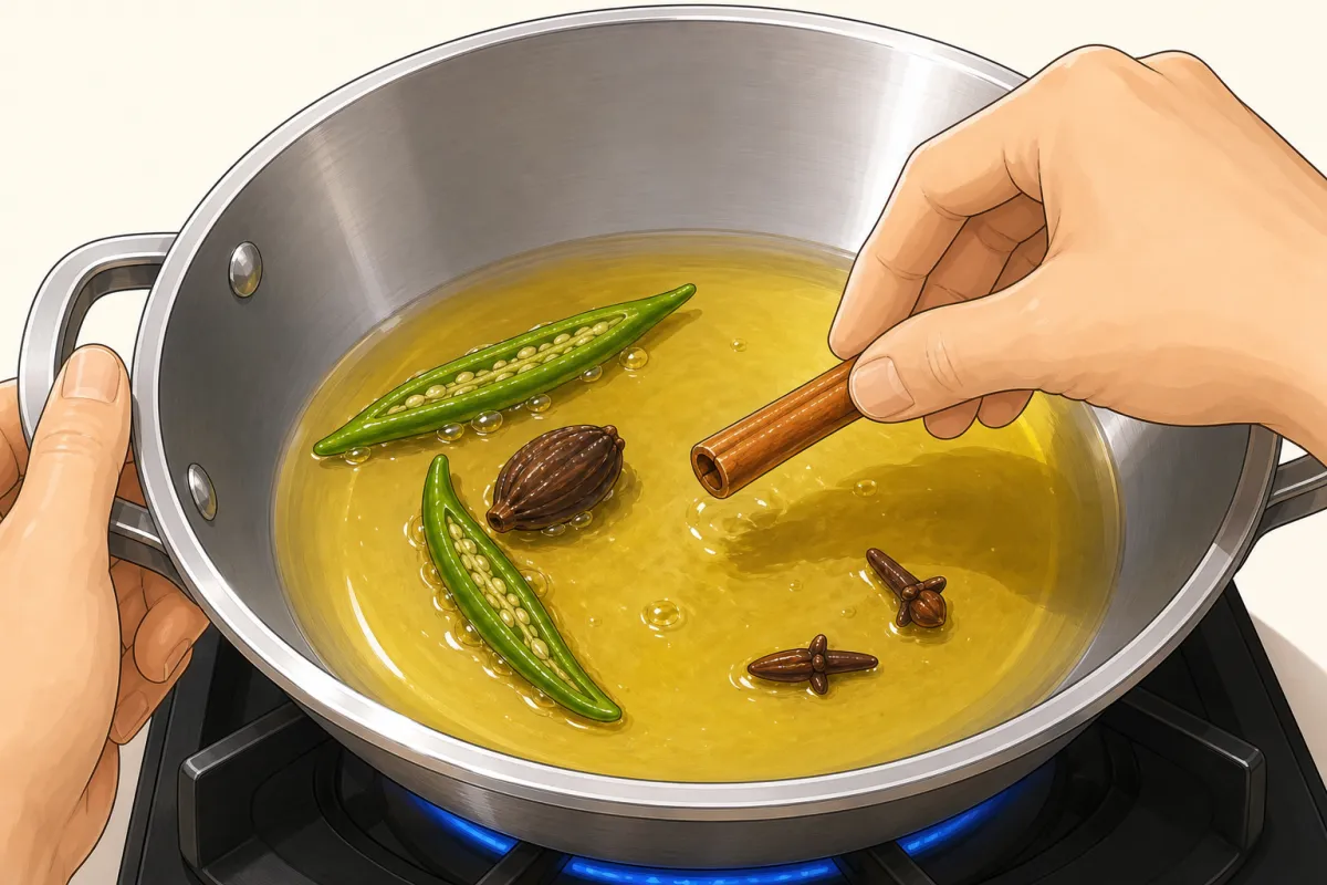 Heat the ghee on low; add the green chillies and the whole spices.