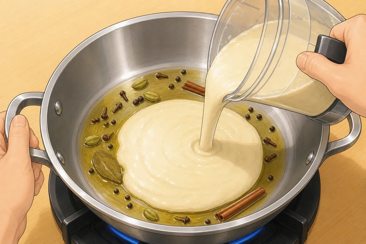 Pour in the purée and the water, then simmer covered until thick.