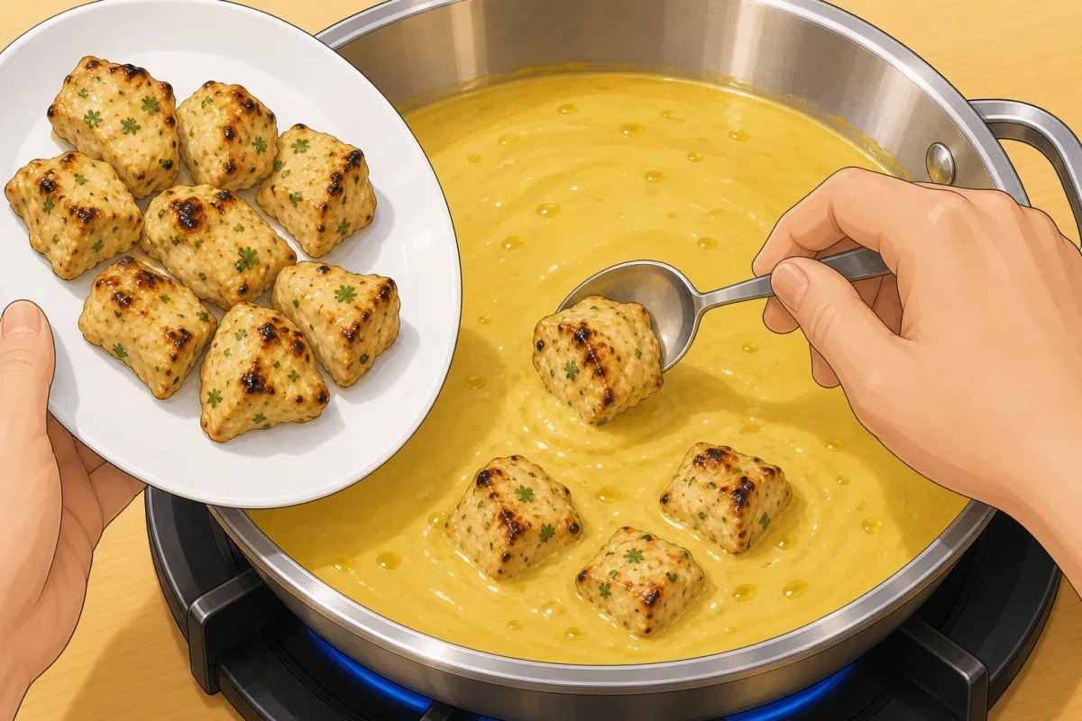 Stir in the spices, then add the grilled tikka for 2–3 minutes.