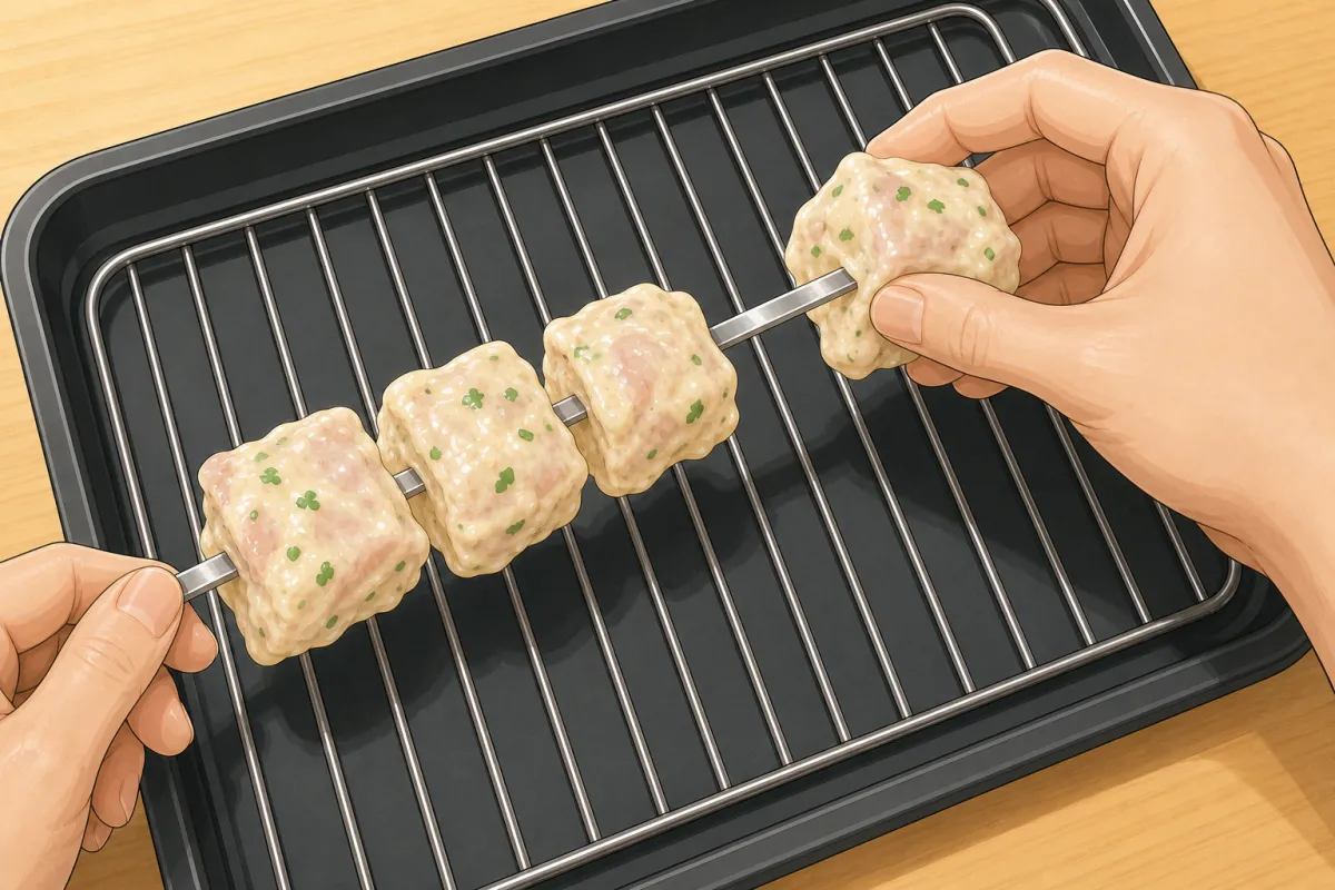 Thread the cubes onto the skewers with small gaps between them.