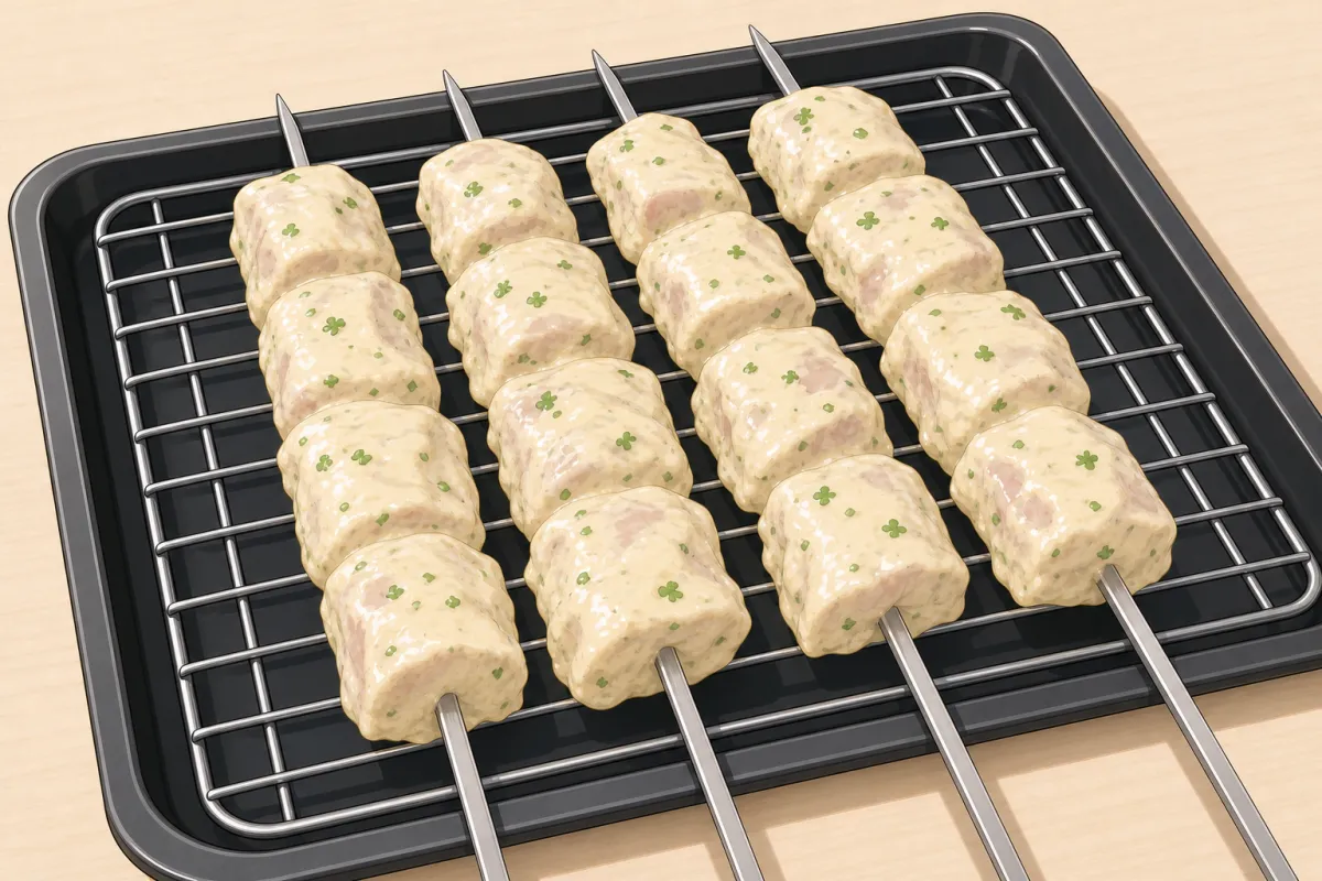 Heat the oven, thread the skewers