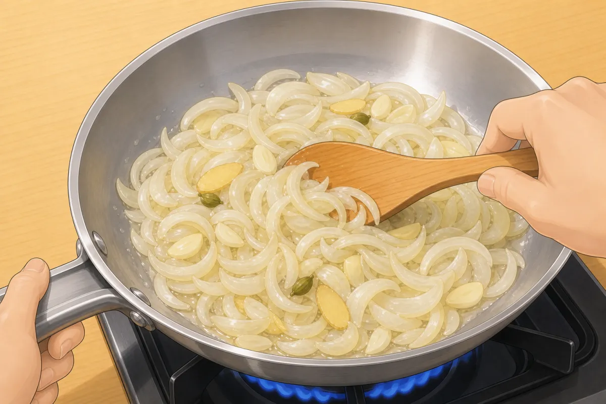 Sauté the onions, ginger, garlic and cardamom until transparent — don't brown them.