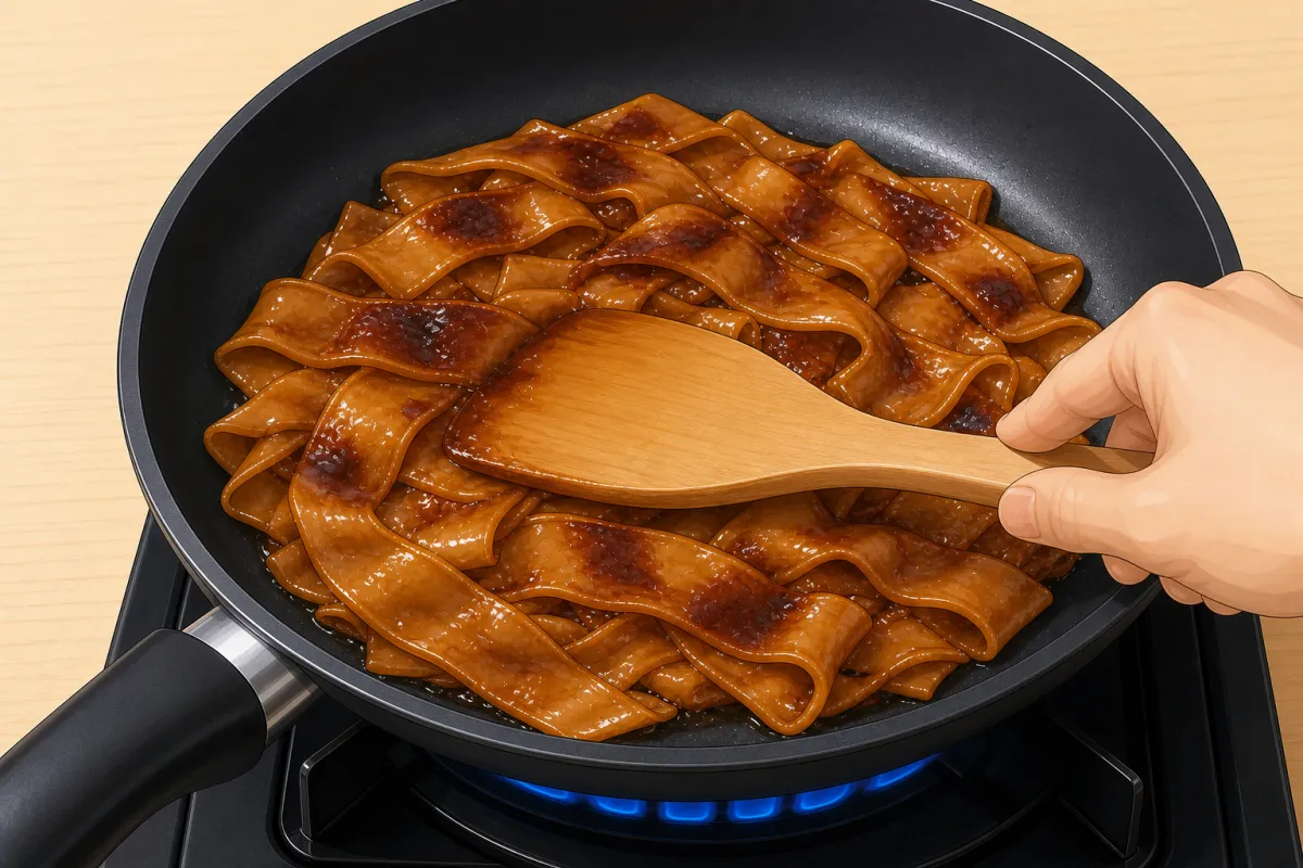 Remaining oil, noodles and sauce: spread them out and leave them alone to brown.