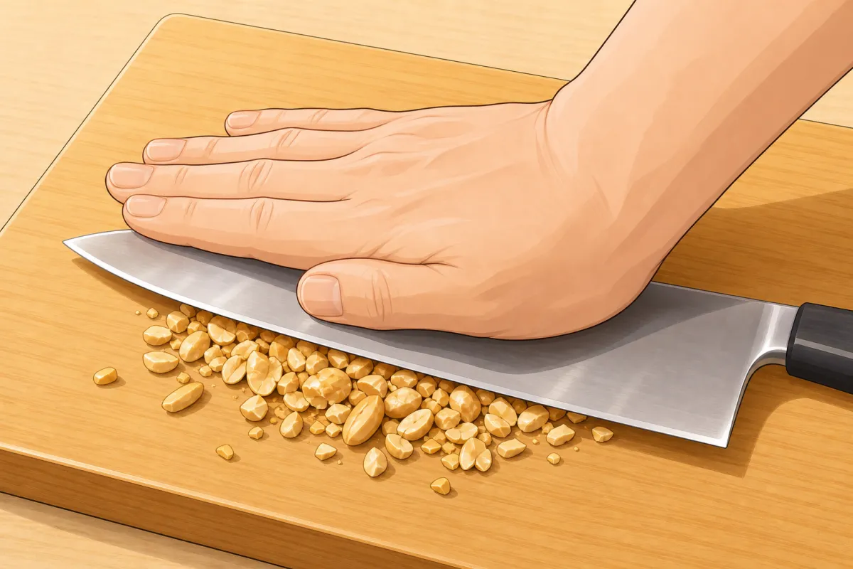 Crush the peanuts under the flat of the knife.