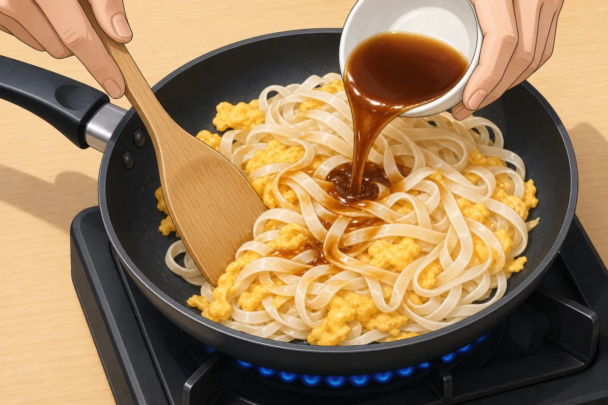 Noodles and sauce in, then fold gently until the sauce is mostly absorbed.