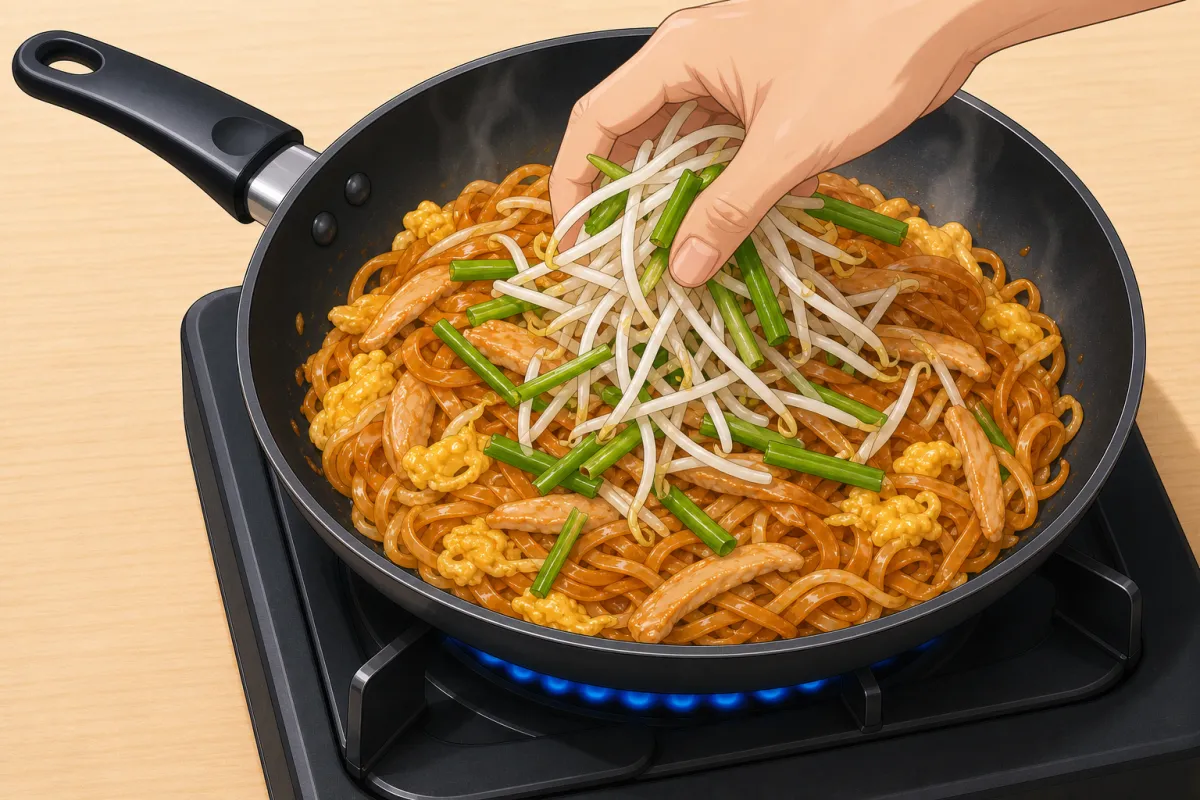 Chicken back in, then fold through the bean sprouts and spring-onion greens.