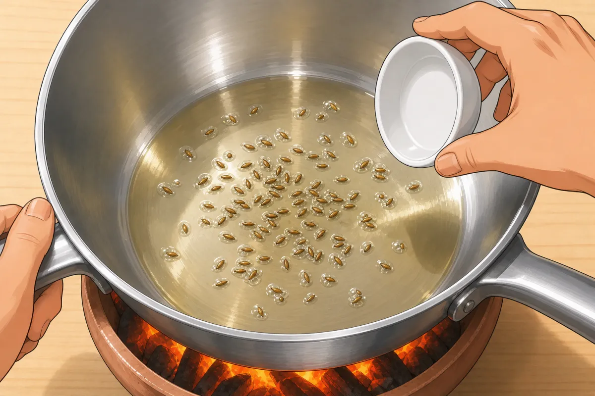 Let the cumin seeds sizzle and bloom, about 30 seconds.