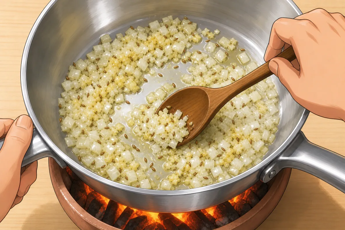 Onion, ginger and garlic in — cook until soft and translucent, 5–7 minutes.