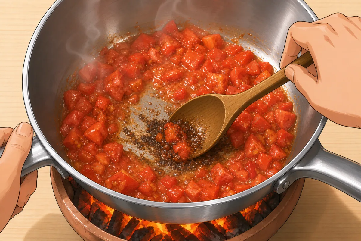Use the fresh tomatoes to scrape up the stuck bits.