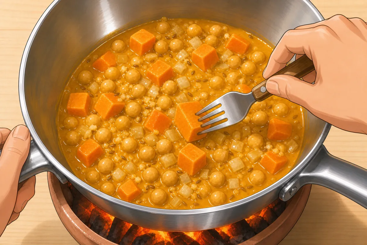 Simmer until the sweet potato is fork-tender, 15–20 minutes.