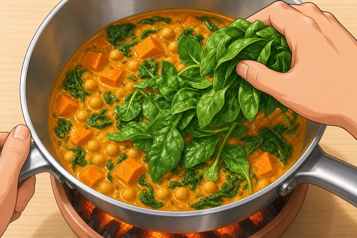 Spinach in at the very end — stir until just wilted.