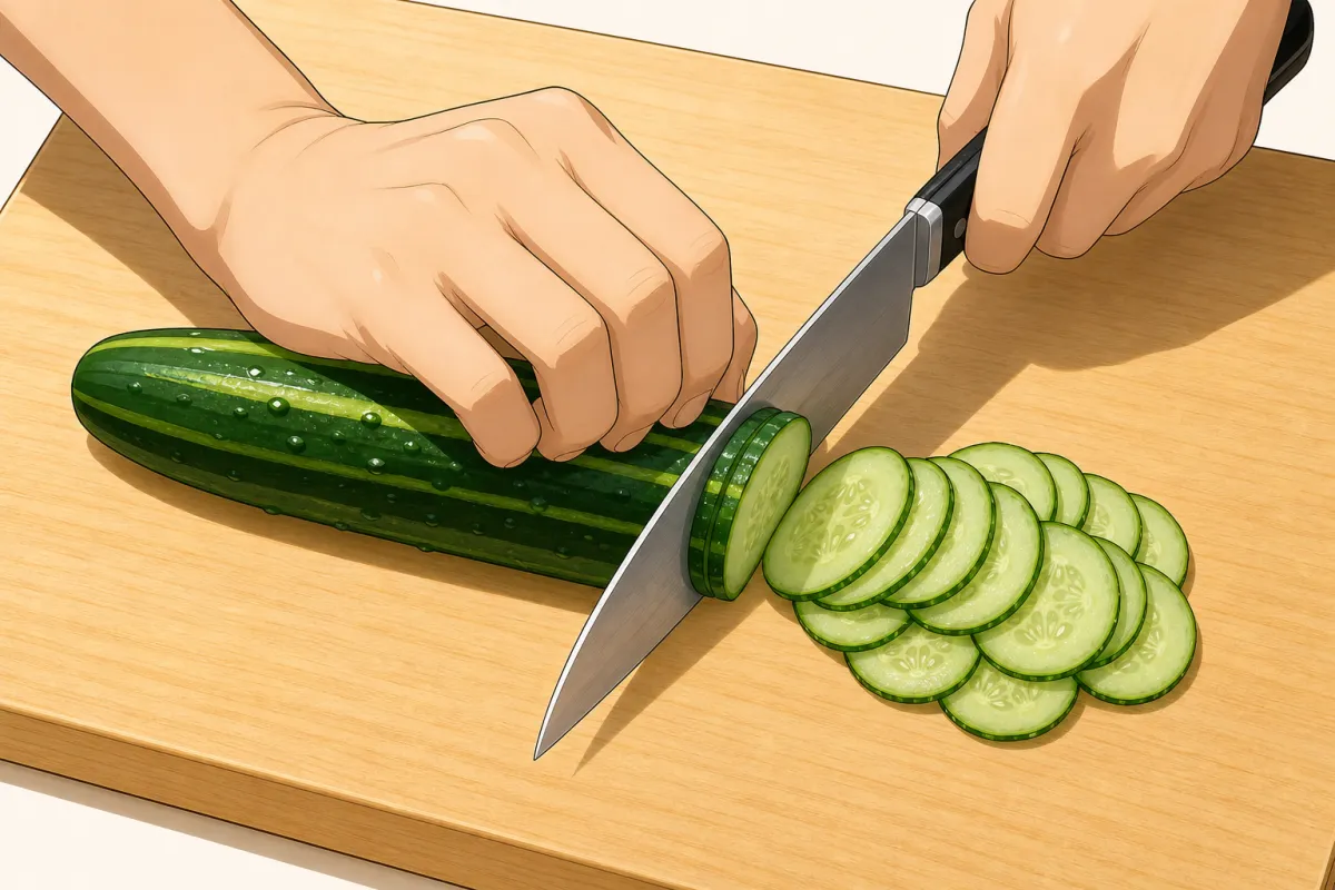 Slice about 2 mm thin — fingertips tucked.