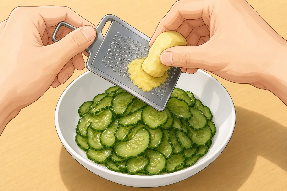 Grate the ginger and garlic finely, straight over the cucumber.