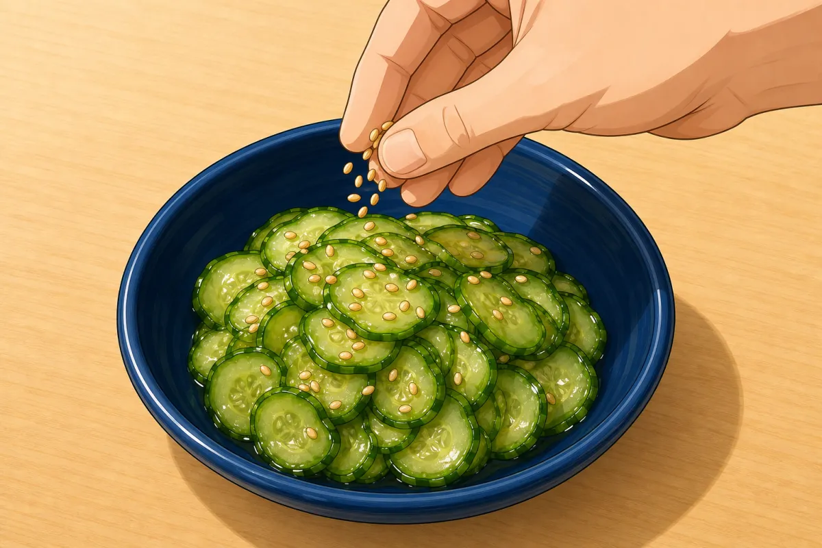 Just before serving: a little light soy and the sesame.
