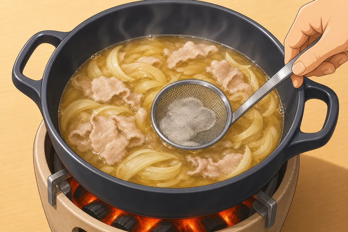 Dashi in; after 5 minutes skim off the scum and fat.
