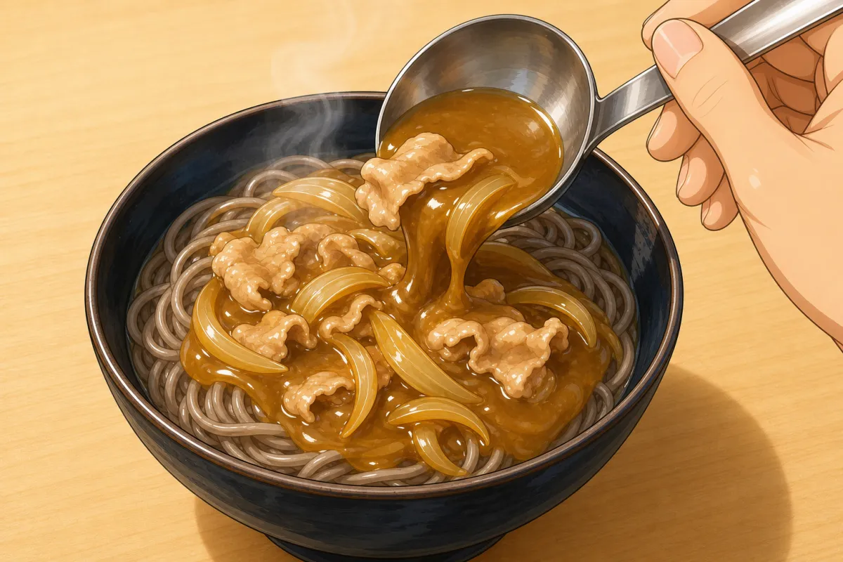 Soba in the bowls, curry broth over, green onions on top.