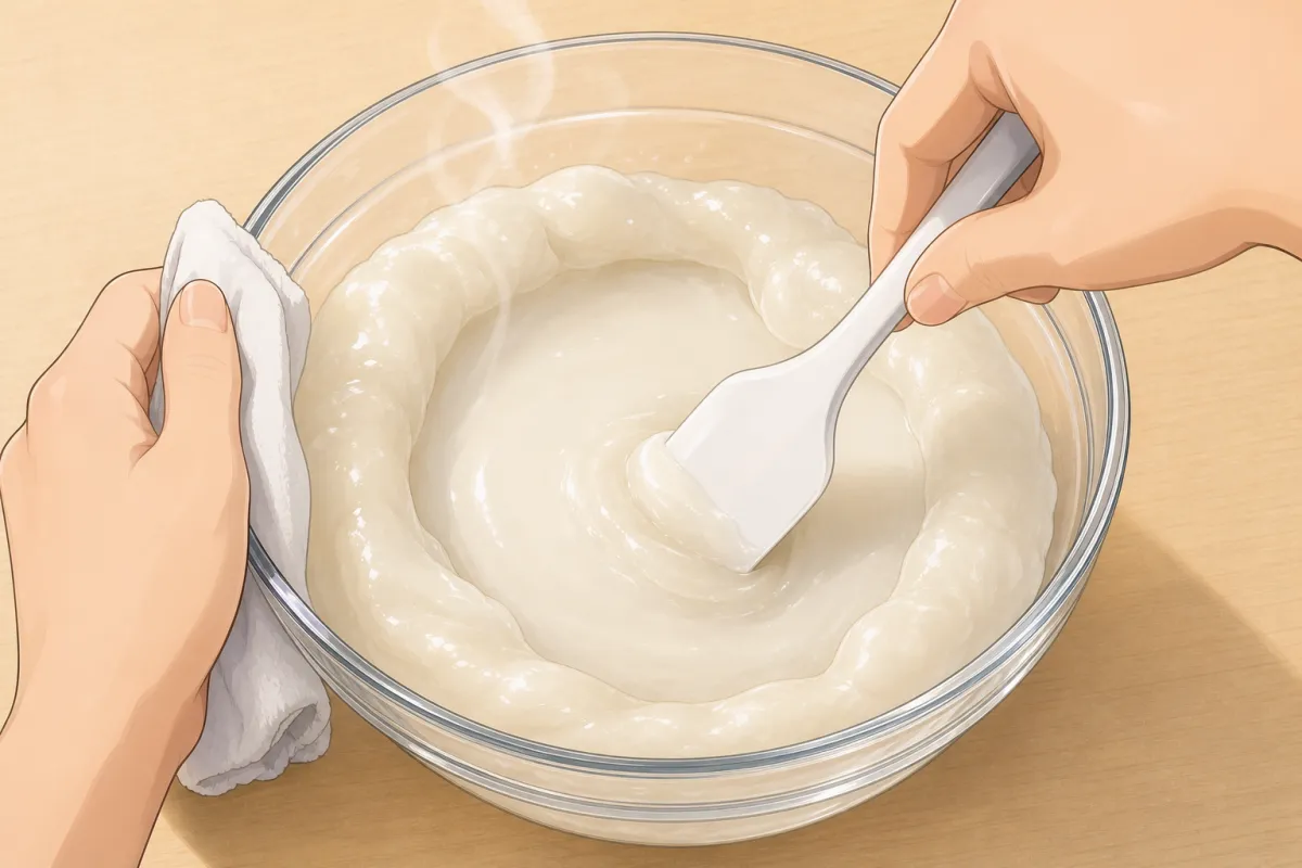 1 minute, then stir hard with a wet spatula: the edges set first.