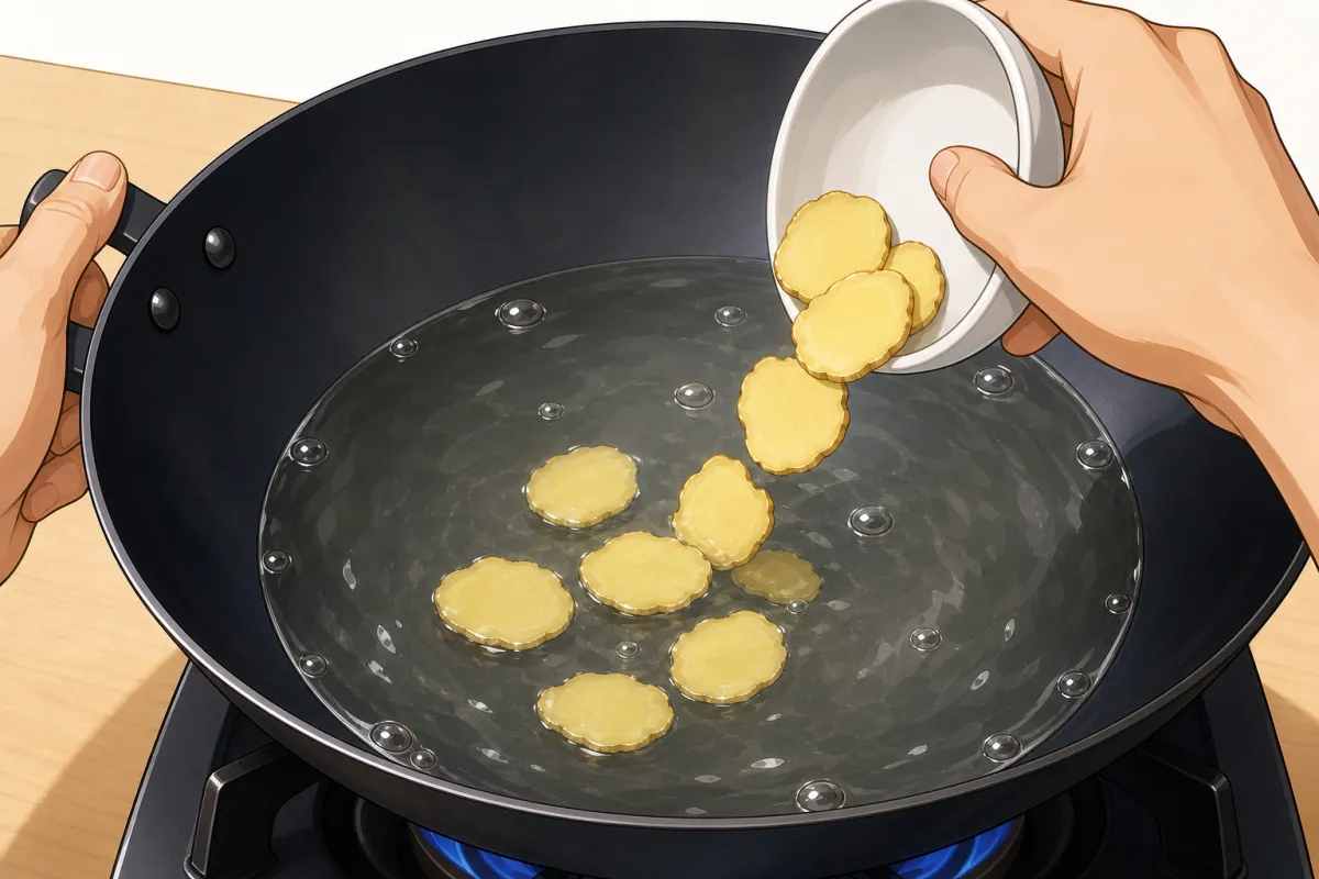 Ginger into the boiling water, then soy, brown sugar and vinegar.