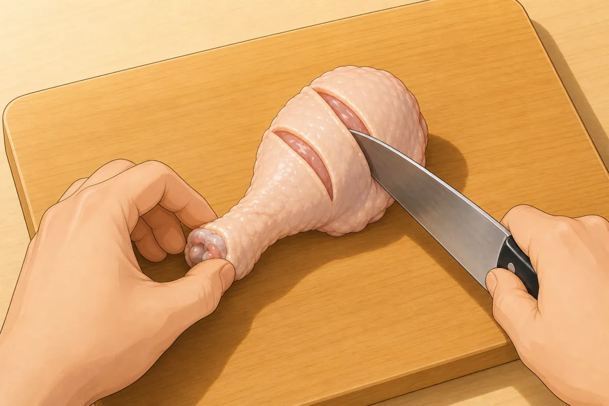 Cut 2 slashes to the bone on each side of every drumstick.