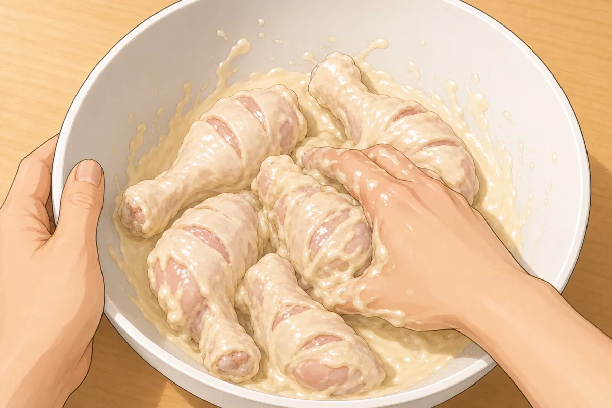 Salt, pepper and eggs in, then the flour and starch — mix by hand.