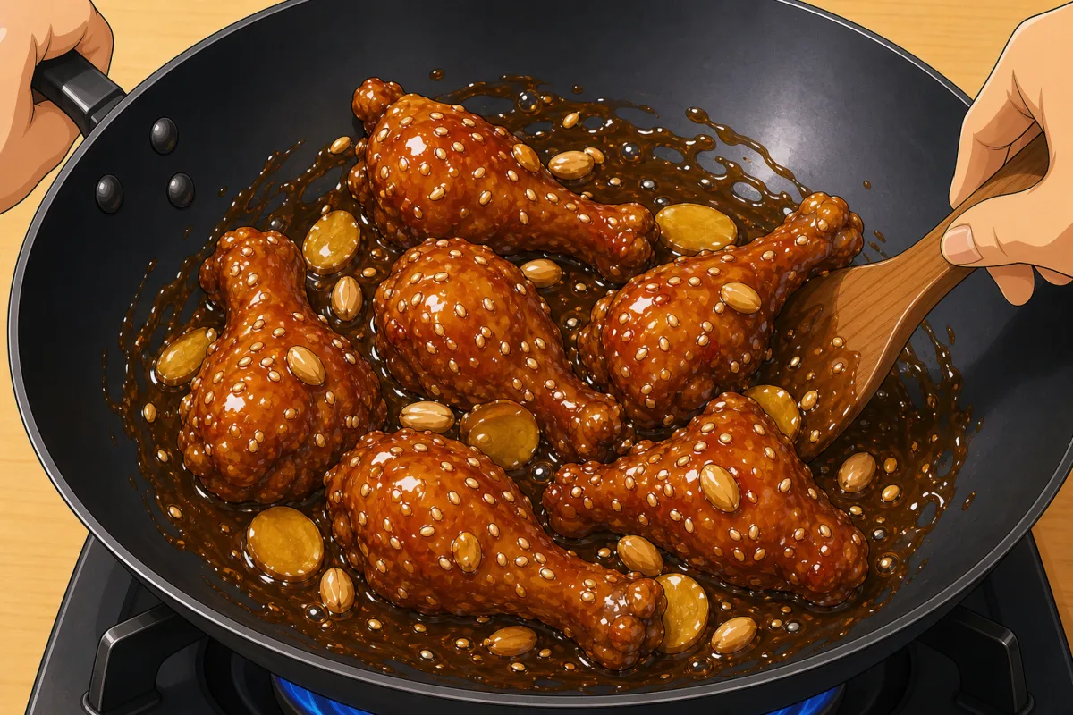 Chicken, peanuts, chili and sesame into the sizzling sauce — toss until it clings.
