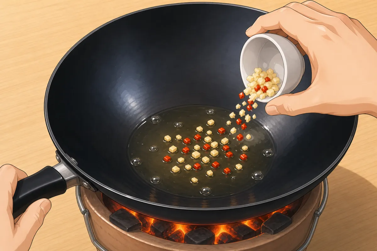 Garlic and chilli into the hot oil — 10 seconds.