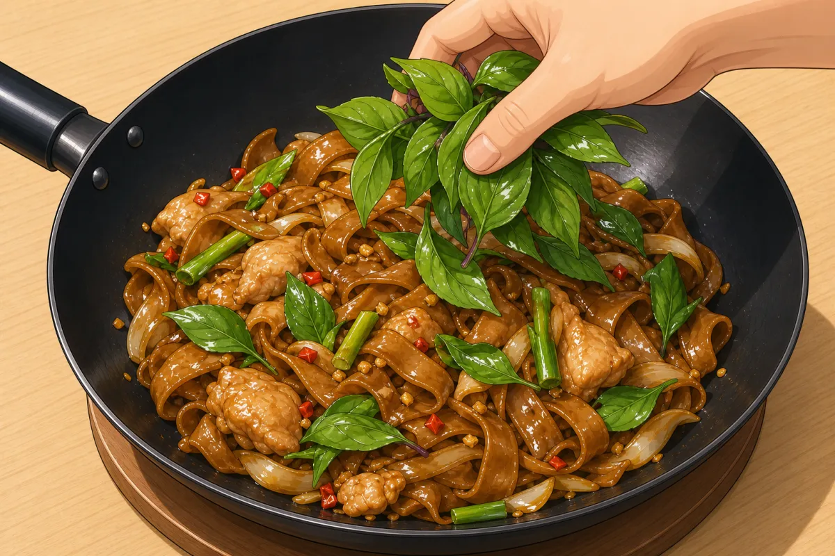 Off the heat, basil in, toss until just wilted.