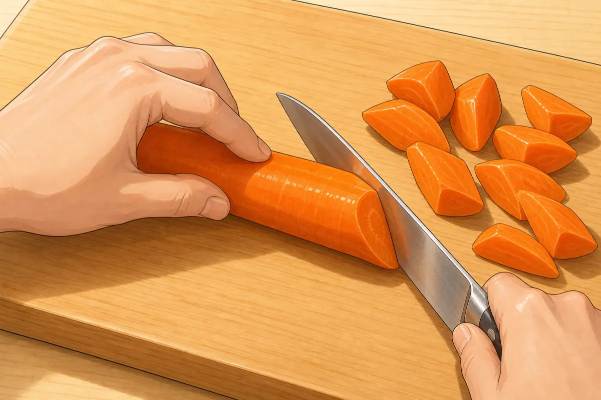 Rangiri: cut the carrot on an angle, roll it a quarter turn, cut on an angle again.