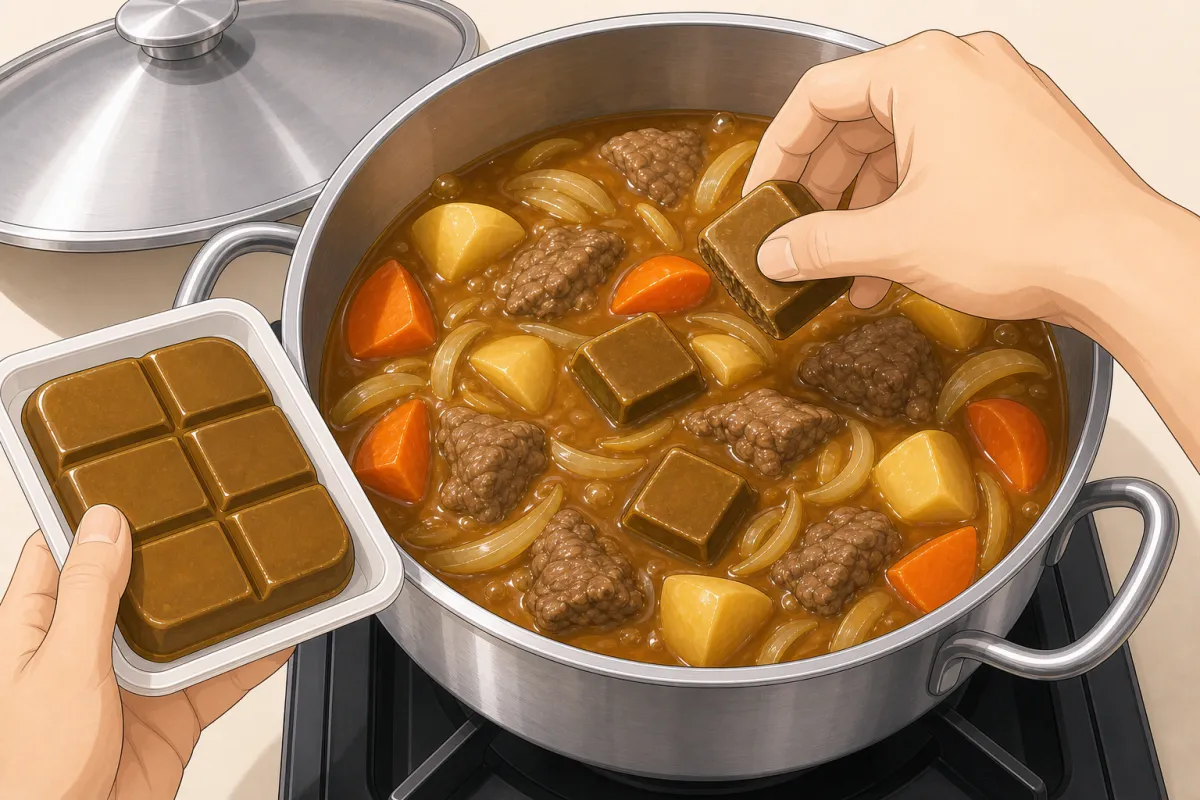 Heat off, then break the roux block into pieces and drop them in.
