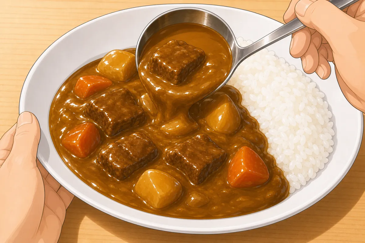 Rice on one side of a deep plate, curry ladled onto the other.