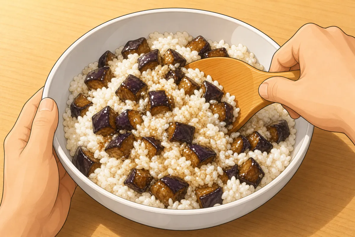 Fold the eggplant evenly through warm rice before shaping; no central pocket.
