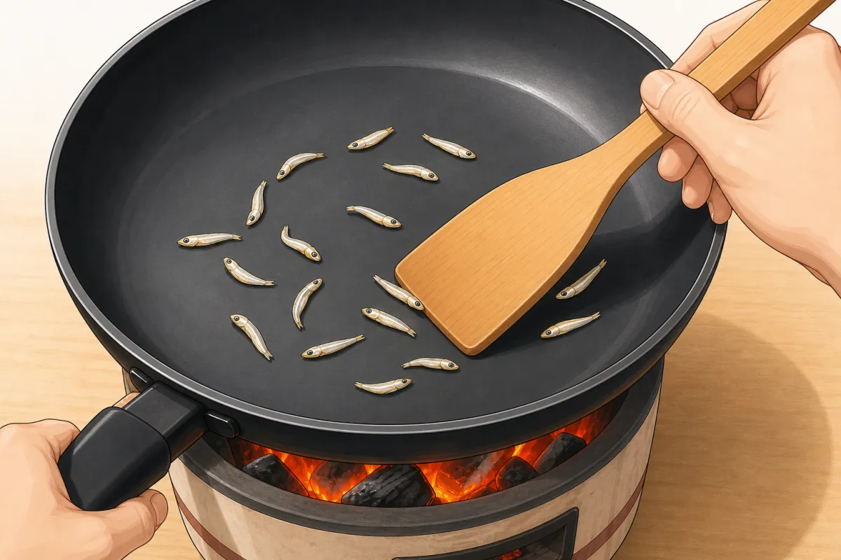Dry pan, low heat, one ingredient at a time — the anchovies first, until dry and crisp.