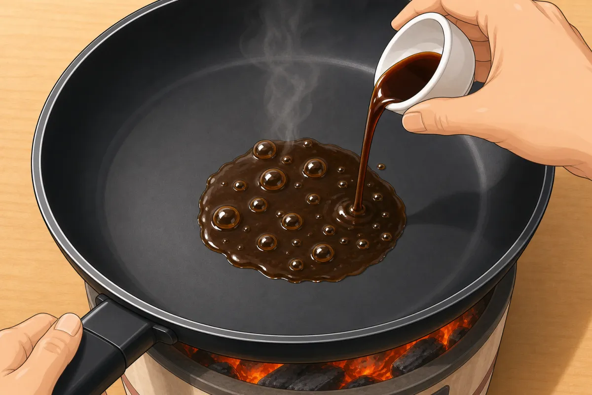 Pour the soy (and mirin, vinegar) into the empty hot pan and let it bubble for a second.
