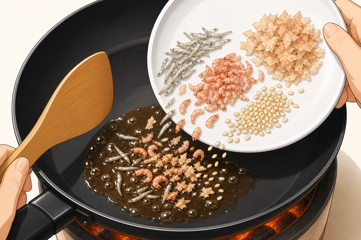 Straight away, tip everything back in and stir to coat — it stays a little wet and glossy.