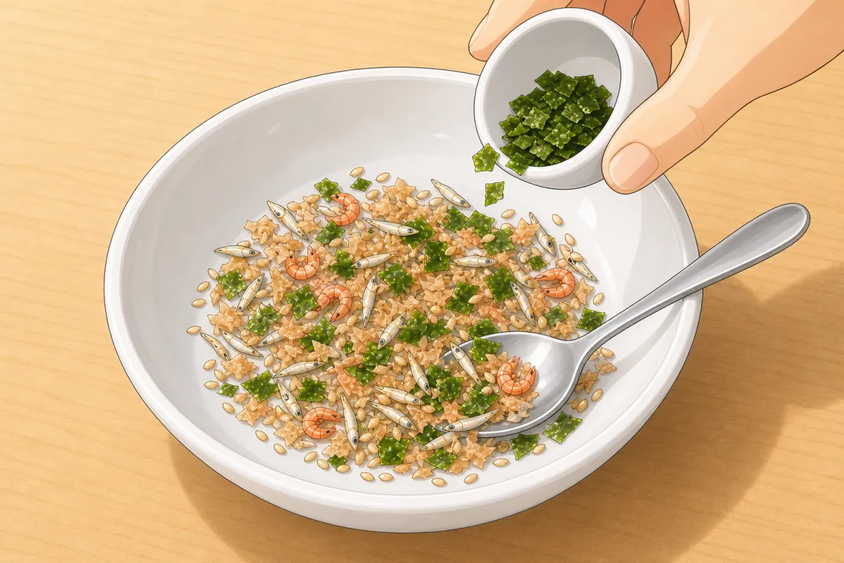 Only once it's completely cool, mix in the green nori flakes — untoasted.
