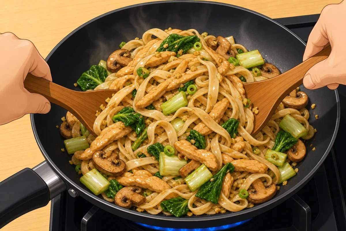 Add the noodles, sauce and chicken, then lift and fold gently — don’t stir hard.
