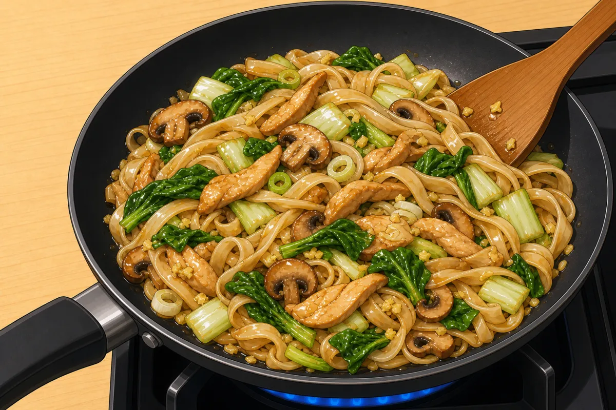 Noodles, sauce and chicken