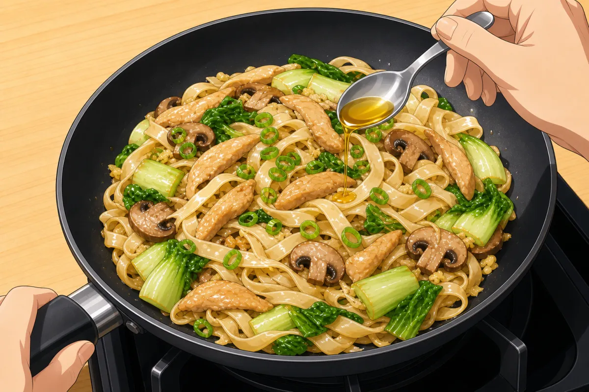 Heat off: drizzle the sesame oil and scatter the spring-onion greens.